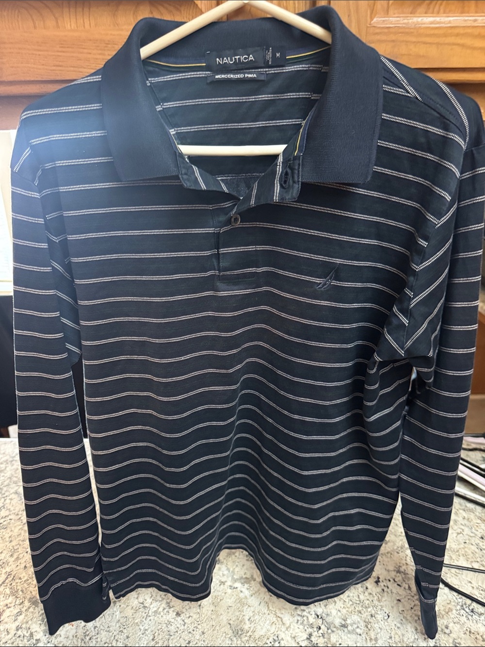Nautica Navy Long-Sleeve Striped Polo with White Accent Stripes